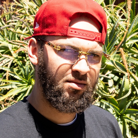 Men's Gold Frame Pink Arm Rimless Vintage Y2K Fashion Clear Lens Glasses - Picture 5 of 5